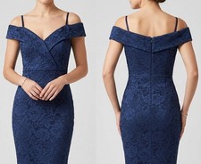 Pink Boutique navy lace off shoulder party Christmas slim fit midi dress size 10