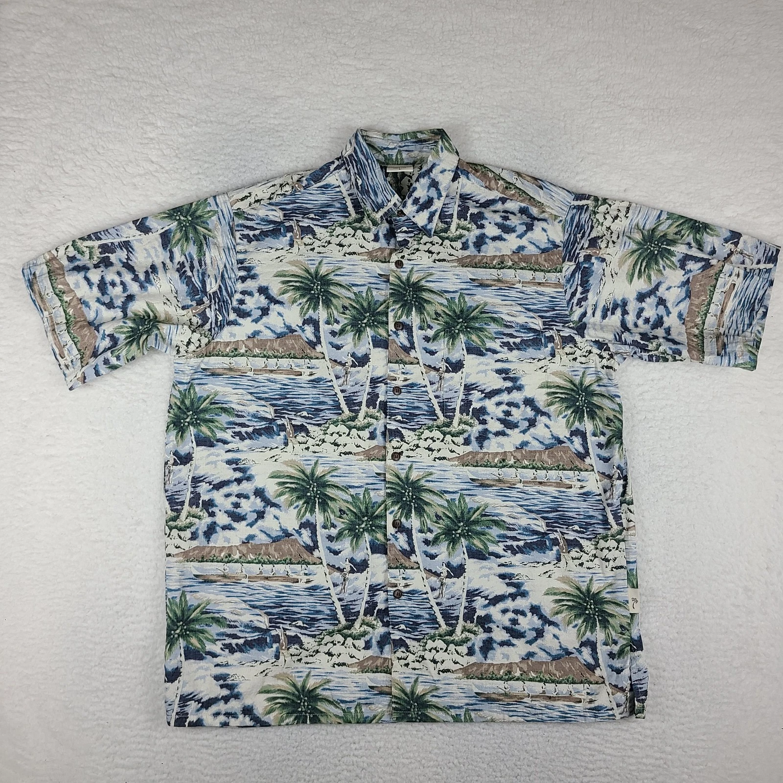 GO Barefoot Shirt Mens Large Blue Green Island Graphic Print Hawaiian Button Up
Opens in a new windo