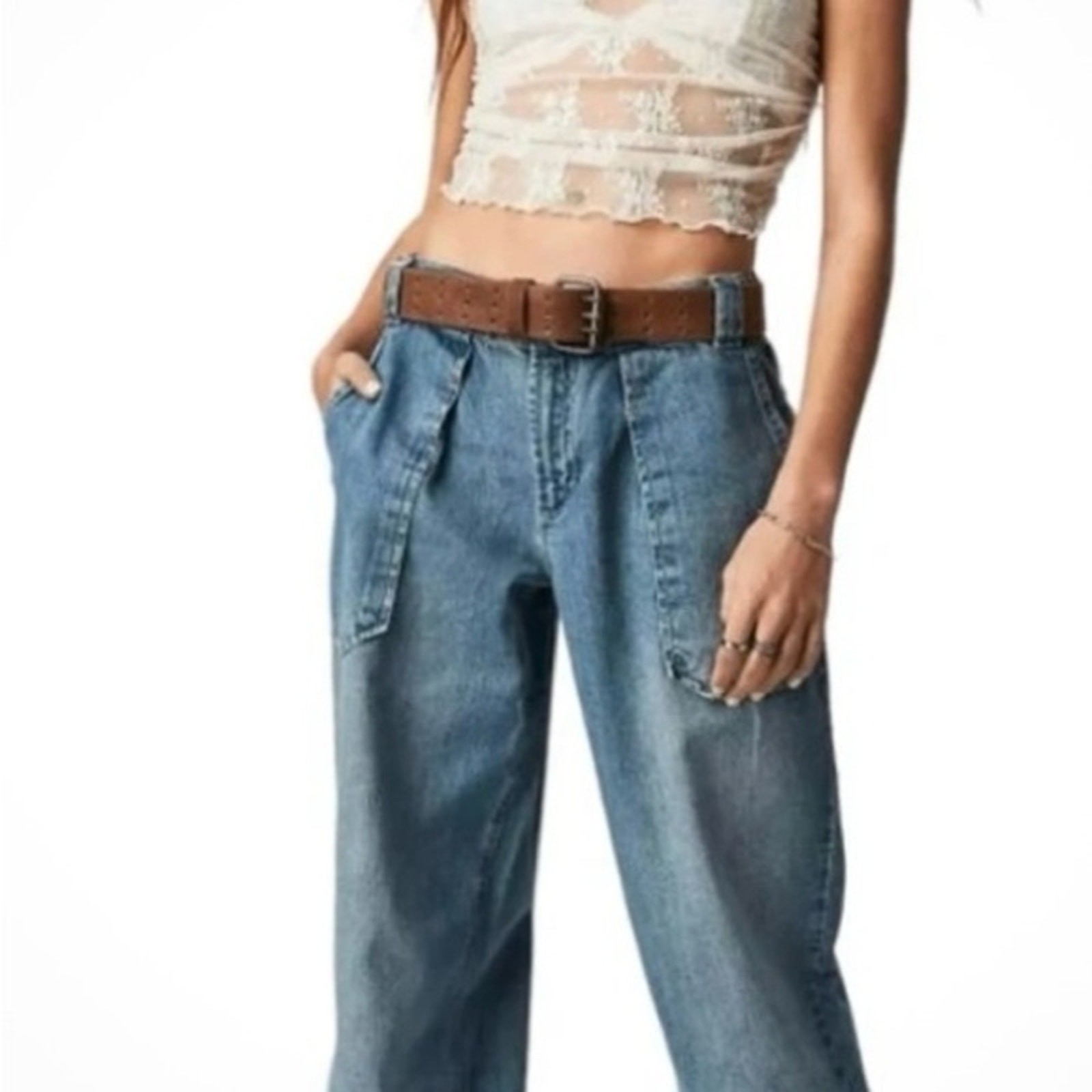 Free People We the Free Maeve Low Slung Oversized Denim Wide Leg Jeans,EUC,Large