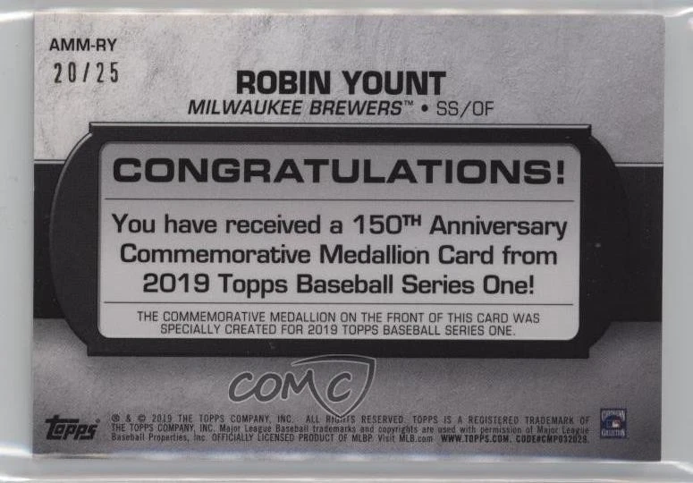 2019 Topps 150th Anniversary Commemorative Medallion Red /25 Robin Yount HOF - Image 2 of 2