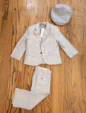 Janie and Jack Boys 2T 3-Piece Suit Set Grey Blazer Pants Cap Outfit Linen Blend