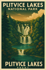 Plitvice Lakes National Park Poster ? Retro 1920s Art Deco Waterfall Travel Prin