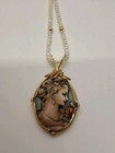 Rare 14K GF Bisque Painted Cameo Pendant w/Seedbead Pearls & Gold Bead Necklace  — photo 1