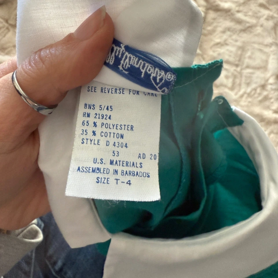 Vestido Vintage Años 70 Polly Flinders Verde Azulado Niñas 4 Bordado Cuello Blanco Calado Foto 4 de 4