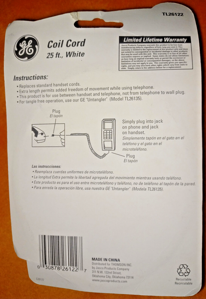 General Electric GE Phone Coil Cord White 25 Ft TL26122 Landline