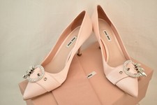 NIB MIU MIU PRADA LIGHT PINK SATIN JEWELED CRYSTALS BUCKLE WEDDING PUMPS 39