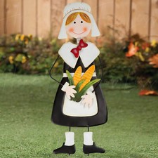 Adorable Thanksgiving Pilgrim Girl Metal Garden Stake Outdoor Festive Yard Decor