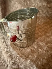 ANTIQUE Brite-Pride Kitchen Flour/Sugar Sifter Red Handle Farmhouse Decor