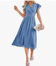 Small Women Ruffle Chiffon Empire Waist Elastic V-Neck A-Line Midi Dress(T-52)