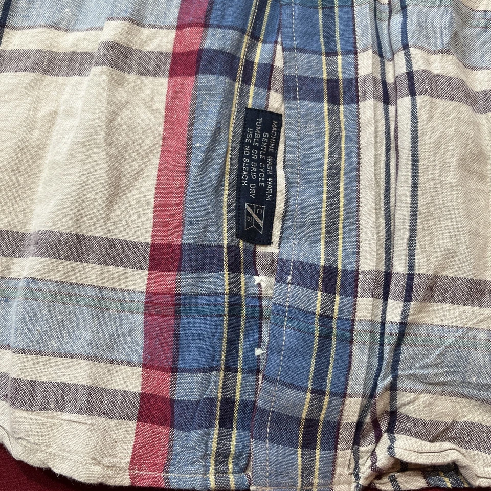 LINEN cotton PLAID SHIRT  blue red beige Button long sleeve USA BEACH TRAVEL LRG - Image 3 of 4