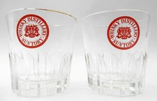 VINTAGE SET OF 2 RED LABEL SUNTORY WHISKY DISTILLERY SHOT BAR GLASSES ~ JAPAN