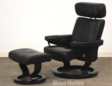 Black Leather Ekornes Stressless Recliner and Ottoman