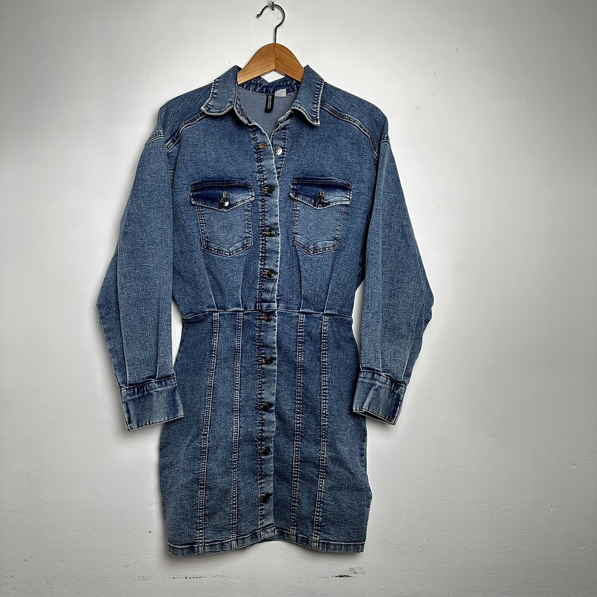 H&M Puff-sleeved Denim Shirt Dress Medium Blue