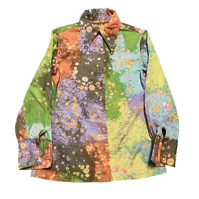 Hippie Button Down Shirt Womens M Neon Psychedelic Print Long Sleeve Vintage 60s