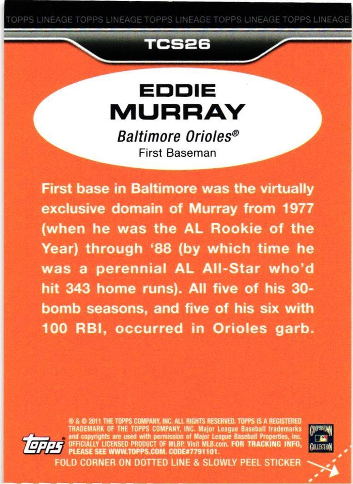 2011 Topps Lineage #TCS26 Eddie Murray Topps Cloth Stickers - Image 2 of 2