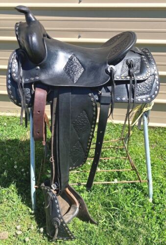 Used/vintage Bona Allen 15.5" black Western parade saddle w/tapaderos