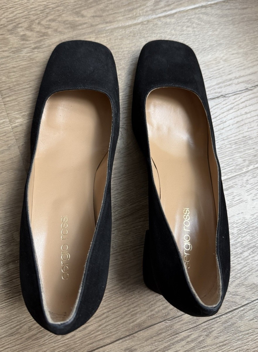 NEW Sergio Rossi Suede Black square toed leather size 37.5 Pumps