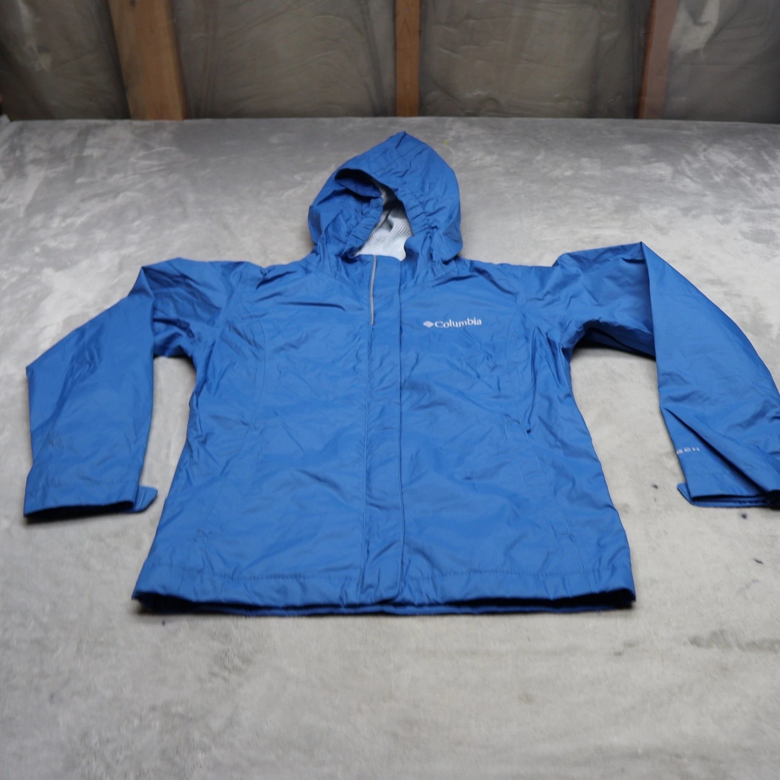 Columbia Jacket Kid Small 7/8 Blue Hooded Wind Rain Waterproof Lightweight Pack
