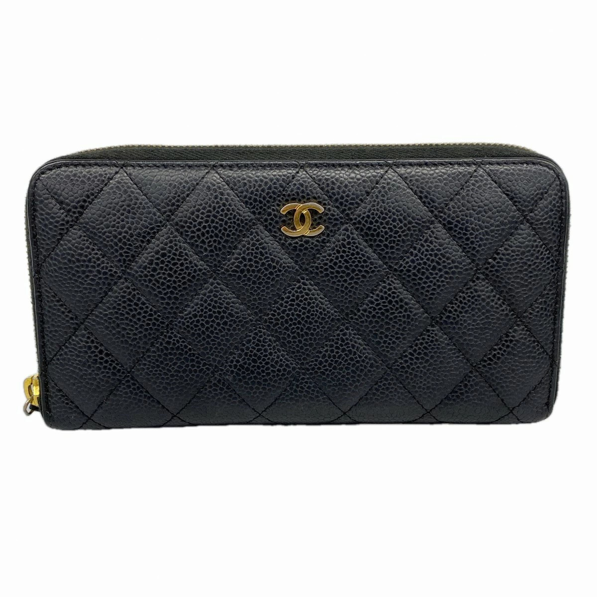 CHANEL Long Wallet Matelasse Caviar Leather Black Gold Hardware Used