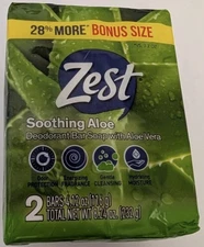Pack of 2 Zest Soothing Aloe Deodorant Bar Soap  - 4.12 oz Bars Brand New