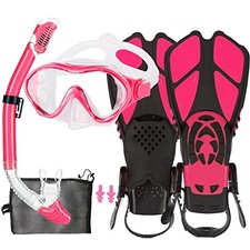 Kids Mask Fins Snorkel Set Snorkeling Packages, with Diving Mask, Light Pink