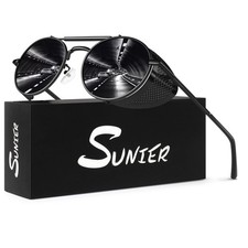 Retro Round Polarized Steampunk Sunglasses Men Women Side Shield Goggles Goth...