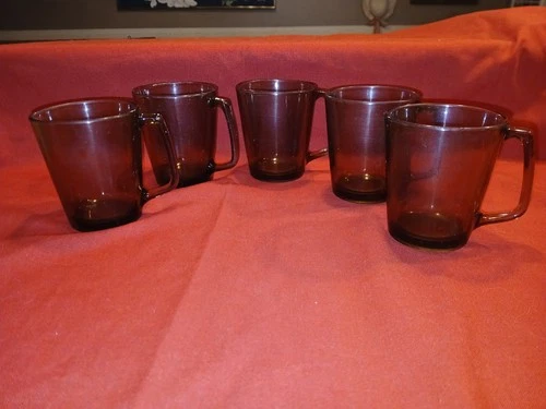Vintage Pyrex 1400 Smoked Amber Glass Cup Mugs SET OF 5 Made In USA