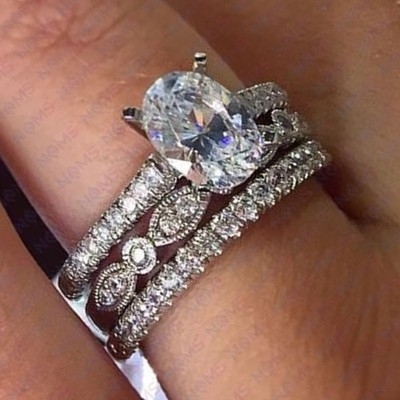 5Ct Oval Cut Old Mine Moissanite Prong Trio Women Ring Set 14K White Gold Plated
