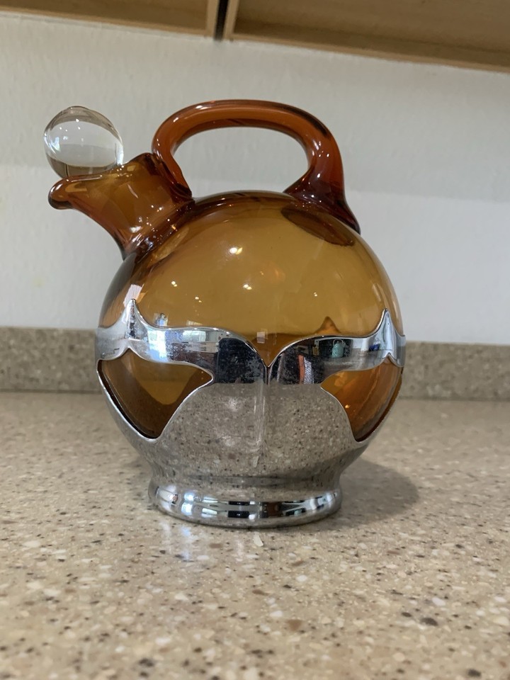 Farber Bros Krome Kraft Amber Glass Art Deco Decanter Tilt Ball Pitcher Stopper