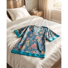 Val Mode Lingerie XL Vintage 80s Floral Satin V-Neck Kaftan Top Blue USA Made