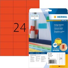 HERMA 4467 Kolorowe etykiety czerwone zdejmowane, 20 arkuszy, 70 x 37 mm, 24 na arkusz A4