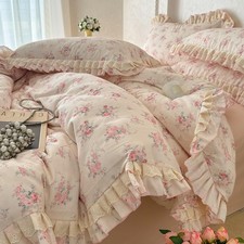 Romantic Pink Rose Duvet Cover Set Queen with Ruffles  Zipper Closure