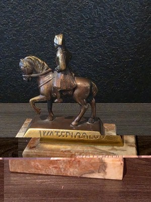 Miniature Patinated Metal Figurine Napoleon on Horse Mounted on Metal Waterloo