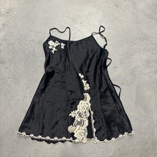 Victoria Secret NWT Y2K Black Satin Slip Dress Ivory Lace Size Medium Tie Back