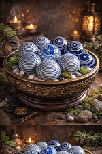 Set of 12 Vintage Blue & White Chinoiserie Porcelain Rug Balls With Pottery Bowl