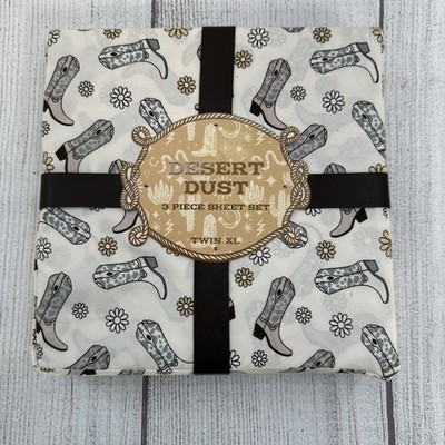 Desert Dust Twin XL Sheet Set Ivory Cowboy Cowgirl Boots Flowers Western Horses
