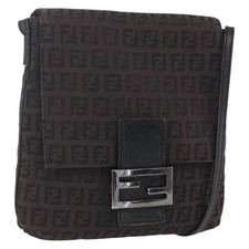 FENDI Zucchino Canvas Shoulder Bag Brown Silver Auth 157800