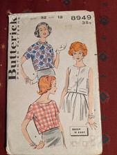 Vintage Butterick 8949 Top Blouse Crop Button Sixties 60's Band Bow Collar 32 12