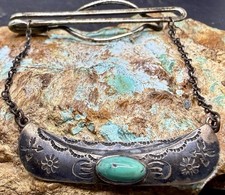 Cool Vintage Navajo Handmade Sterling & Turquoise Native Canoe Design Tie Clip