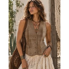 Vintage Boho Large Leather Vest Suede Front Satin Back Cinch Tan Camel Festival