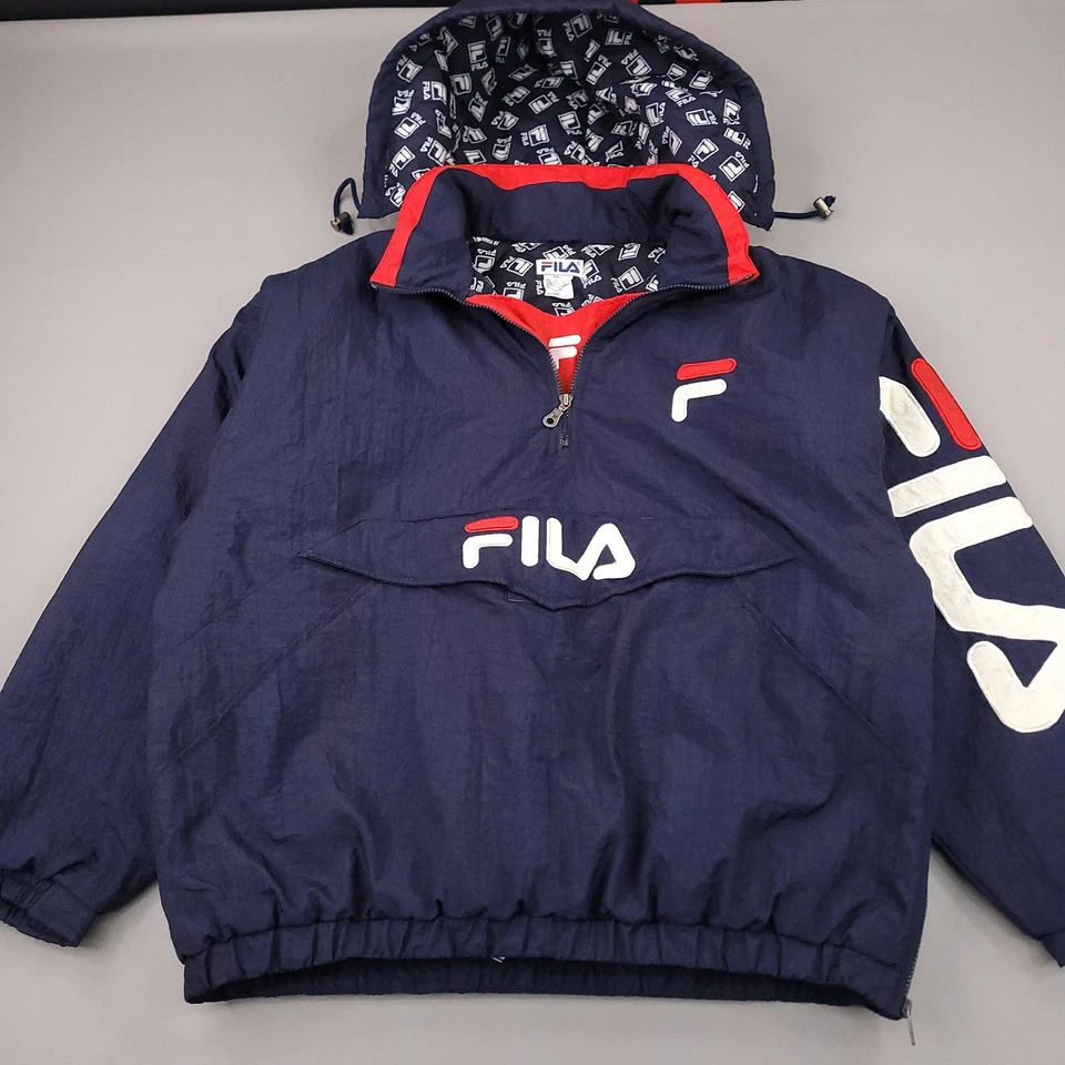 Chaqueta De Colección FILA Para Hombres 2XL Azul Marino Media Cremallera Con Capucha Anorak Pullover Logo Grande Deletrear Foto 3 de 4