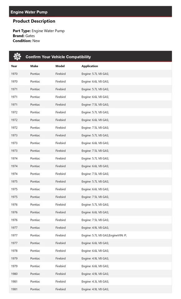 Puertas de bomba de agua para motor Pontiac Firebird 1970-1981 1971 1972 1973 1974 1975 Foto 2 de 4