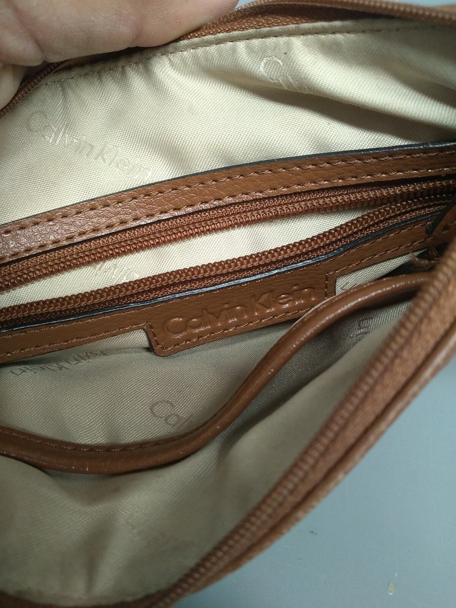 Calvin Klein Purse Pocketbook Tan Leather Crossbody Handbag 