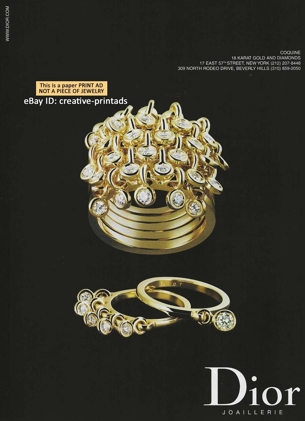 ancienne PUBLICITÉ IMPRIMÉE 1 PAGE DIOR fine jewelry 2002 coquine or et diamants