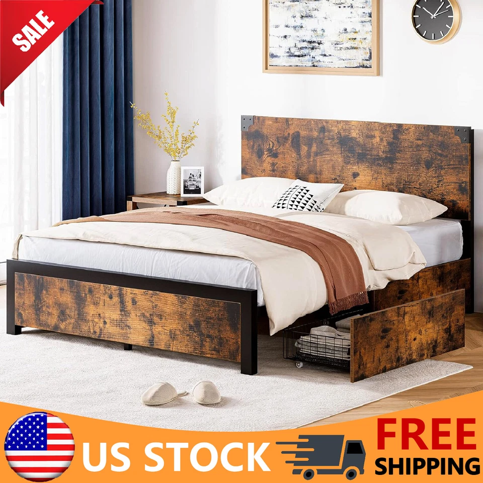 Marco de cama tamaño queen con cabecero de madera plataforma metálica con 4 cajones de almacenamiento Foto 3 de 4