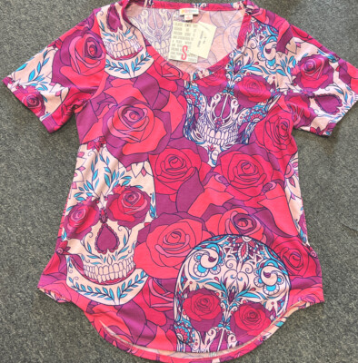 NWT Lularoe Iris Pink, Purple and Turquoise Sugar Skull Roses-Size Small S
