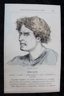 Antique Coloured Woodblock Print Expression of Anger 19th Century