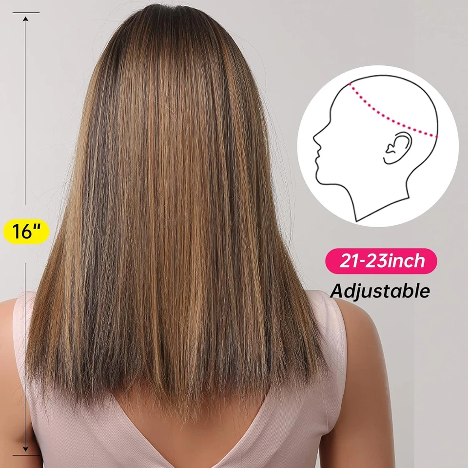 Brun mixte blond perruque pour femme usage quotidien cheveux avec une frange - Photo 3/4