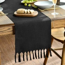  Tassel Table Runner, Halloween Linen Blend 13" x 48", Table Runner Black