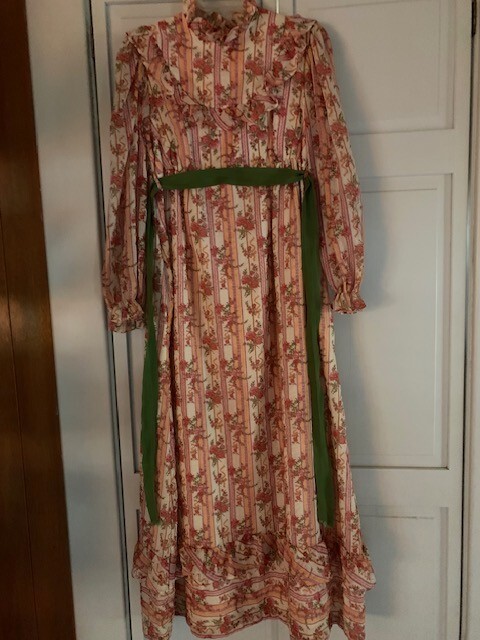 vintage 1970's empire waist maxi prairie peasant dress coral/beige floral s  | eBay